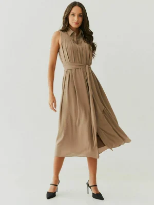 Vestido Midi Crepe Gola Vista Prega Faixa