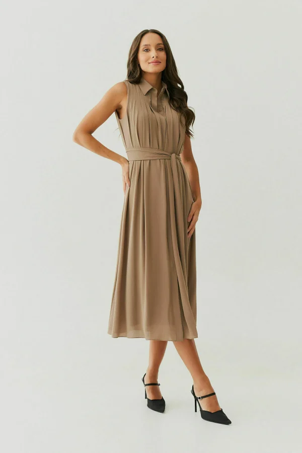 Vestido Midi Crepe Gola Vista Prega Faixa-Imagem 2