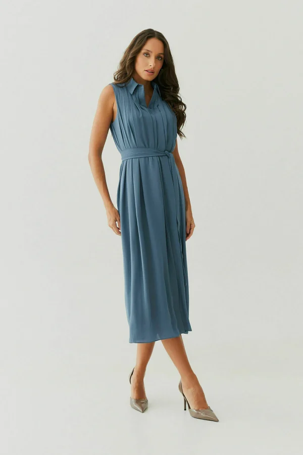 Vestido Midi Crepe Gola Vista Prega Faixa-Imagem 4