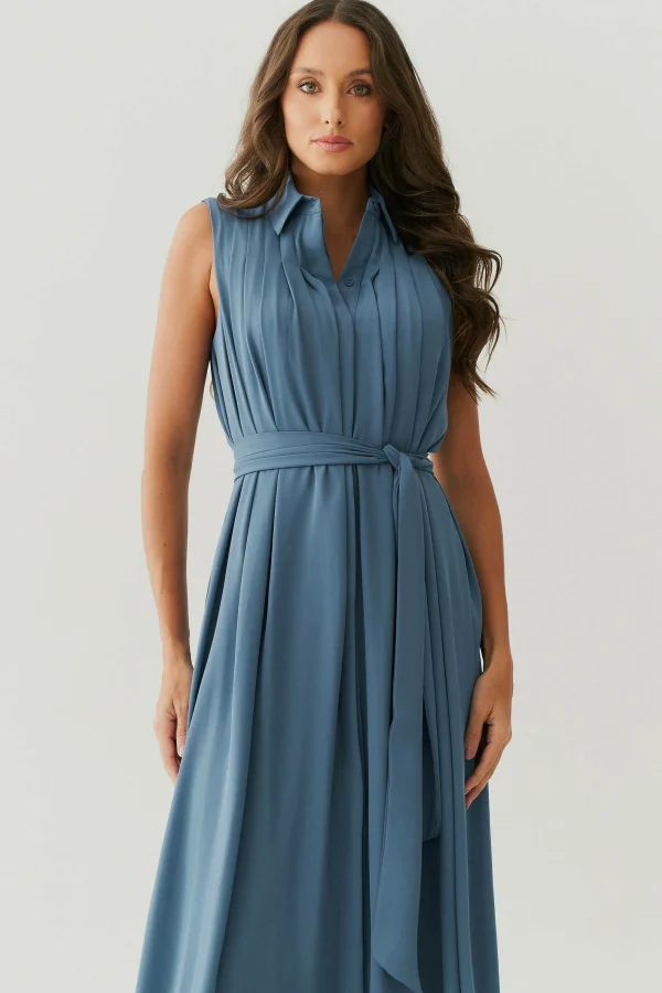 Vestido Midi Crepe Gola Vista Prega Faixa-Imagem 6