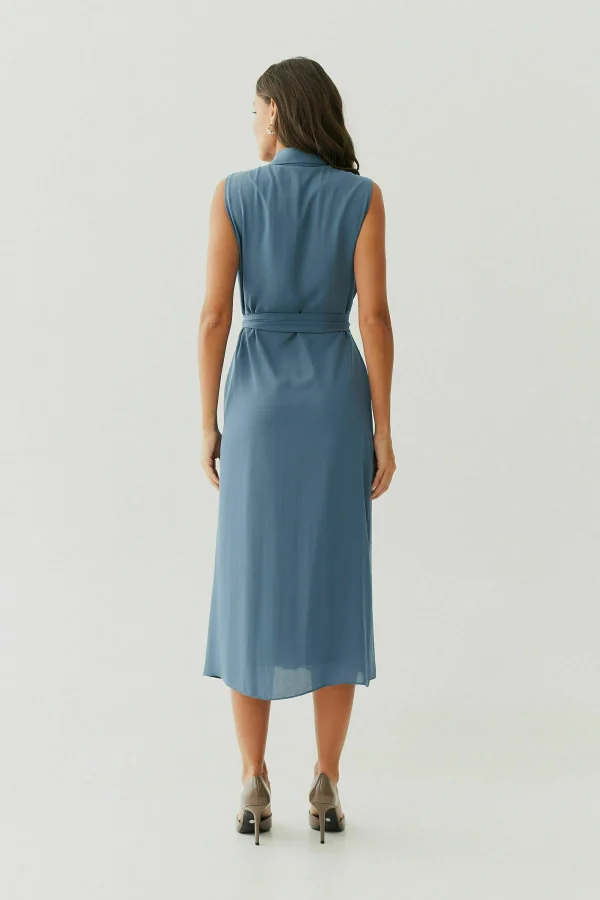 Vestido Midi Crepe Gola Vista Prega Faixa-Imagem 7