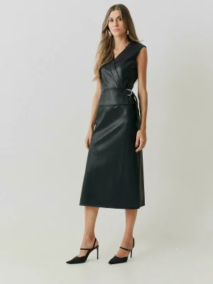 Vestido Midi Couro Dec Transp Fivela Lateral