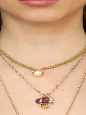 COLAR DUPLO PÉROLA E COGUMELO ROXO