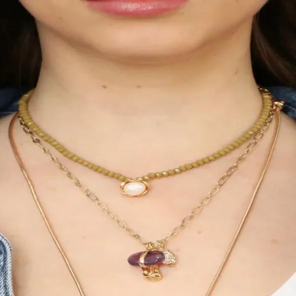 COLAR DUPLO PÉROLA E COGUMELO ROXO