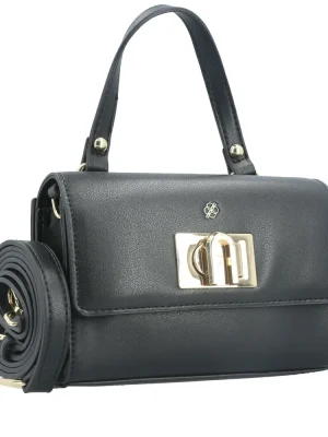 “bolsa crossbody kimi bauarte preta com fecho giratório” “handbag pequena em material fly com alça tiracolo removível” “bolsa feminina com corrente dourada e bolso interno”
