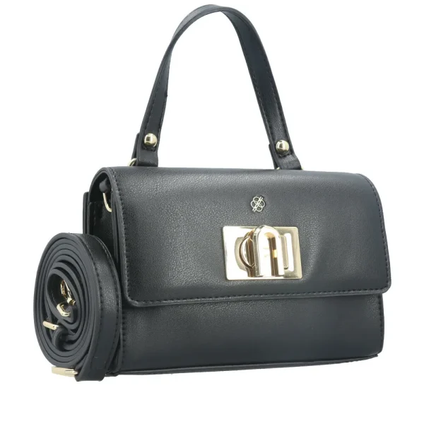 “bolsa crossbody kimi bauarte preta com fecho giratório” “handbag pequena em material fly com alça tiracolo removível” “bolsa feminina com corrente dourada e bolso interno”