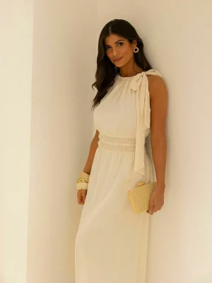 VESTIDO CHIFFON FRANZIDO C/ AMARRACAO DECOTE