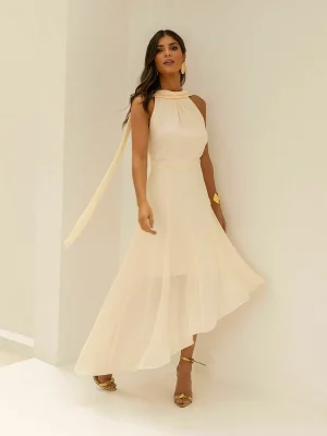 VESTIDO CHIFFON BARRA ASSIMETRICA E GOLA C/ FAIXA