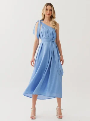 VESTIDO MIDI VISC TEXTURA UM OMBRO PREGAS