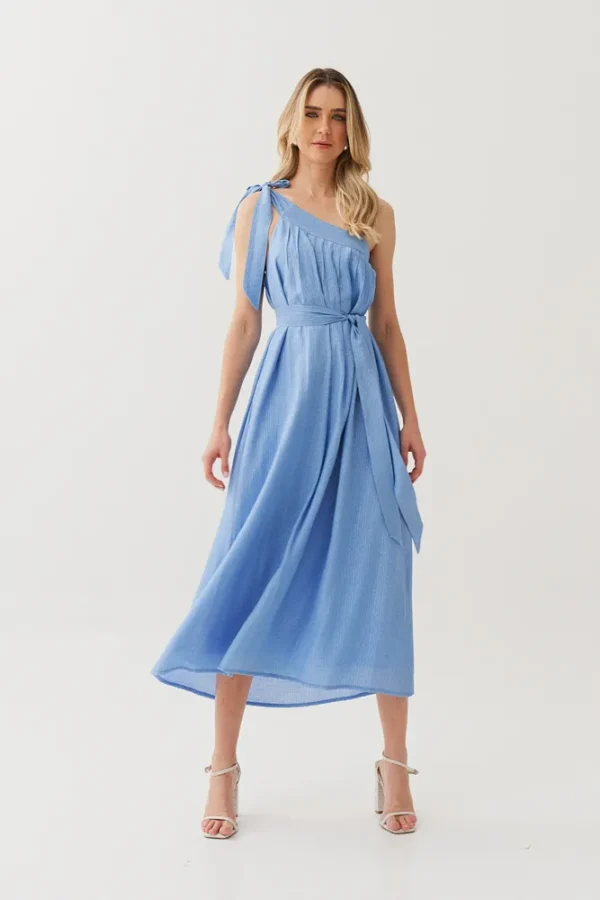VESTIDO MIDI VISC TEXTURA UM OMBRO PREGAS