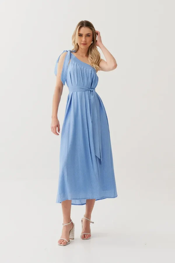 VESTIDO MIDI VISC TEXTURA UM OMBRO PREGAS - Imagem 2