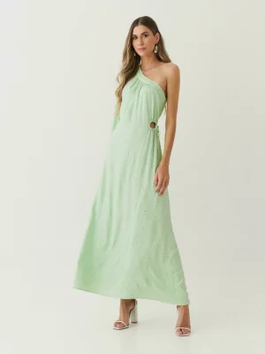 VESTIDO CREPE BORDADO UM OMBRO DET FRANZIDO