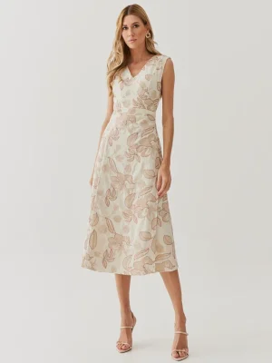 VESTIDO MIDI ALG BORDADO TRANSP PREGAS CINTURA