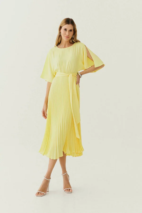 VESTIDO MIDI CREPE MORCEGO SAIA PLISSADA