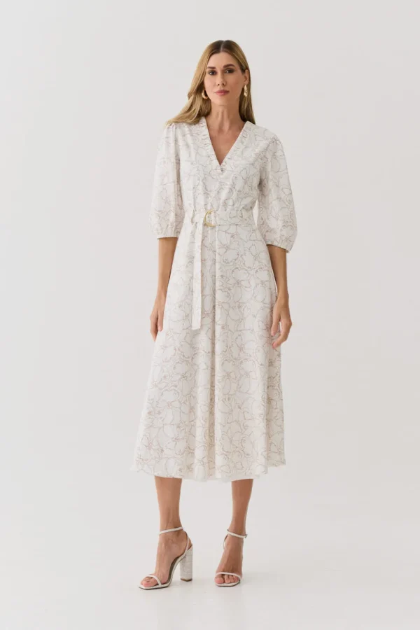 VESTIDO MIDI LINHO ESTAMPADO DECOTE V FRANZIDO - Imagem 2