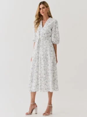 VESTIDO MIDI LINHO ESTAMPADO DECOTE V FRANZIDO