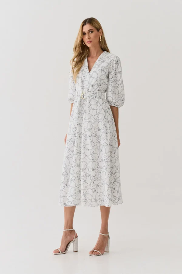 VESTIDO MIDI LINHO ESTAMPADO DECOTE V FRANZIDO