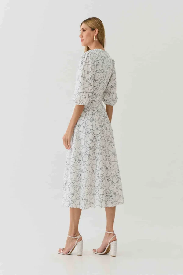 VESTIDO MIDI LINHO ESTAMPADO DECOTE V FRANZIDO - Imagem 7