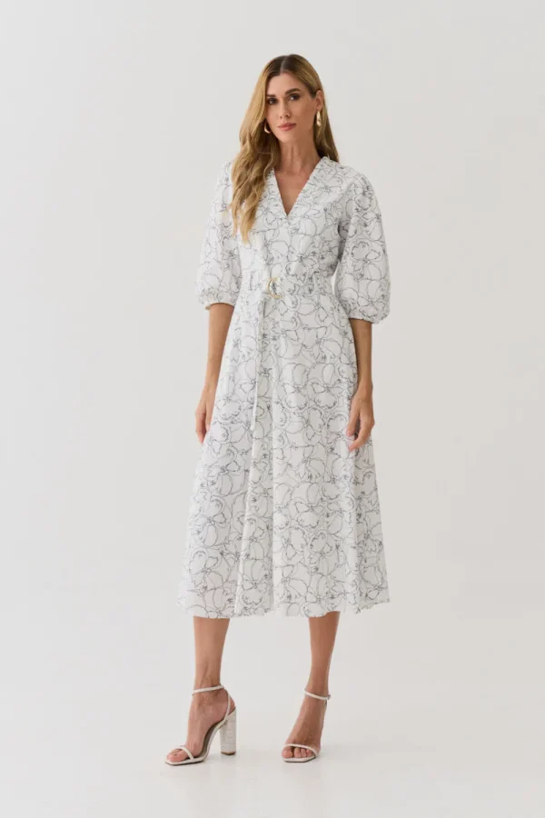 VESTIDO MIDI LINHO ESTAMPADO DECOTE V FRANZIDO - Imagem 5