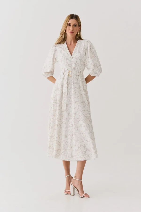 VESTIDO MIDI LINHO ESTAMPADO DECOTE V FRANZIDO - Imagem 3