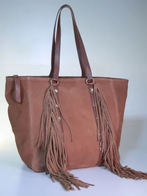 BOLSA DE OMBRO FEMININA COURO CAMURÇA COM FRANJA
