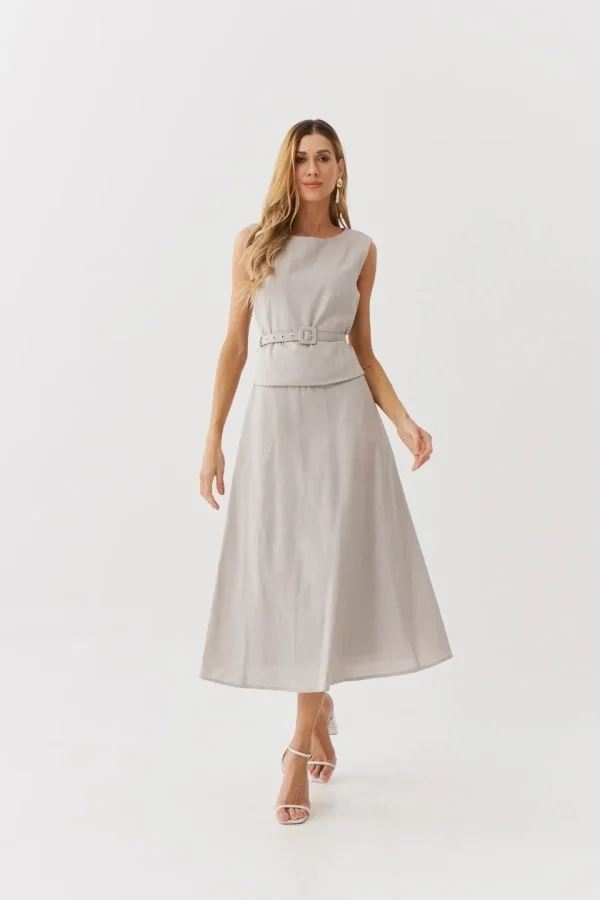 VESTIDO LINHO BLUSA SOBREPOSTA CINTO