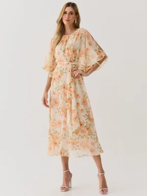 VESTIDO CHIFFON EST MANGA MORCEGO ABERTO C/ FAIXA