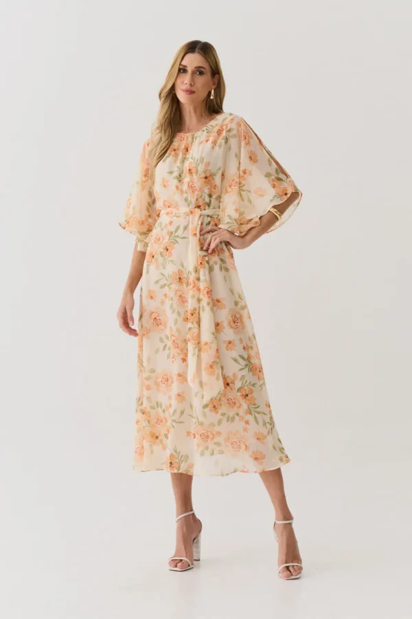 VESTIDO CHIFFON EST MANGA MORCEGO ABERTO C/ FAIXA