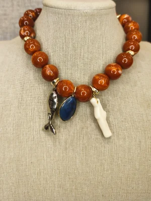 COLAR DOURADO MARROM BOLAS