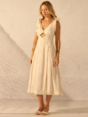 VESTIDO LINHO ALÇAS LISTRAS