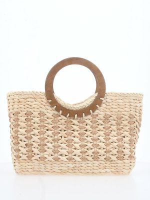 BOLSA VERÃO DE PALHA NATURAL TRANÇADA COM ALÇA DE MADEIRA FIXA