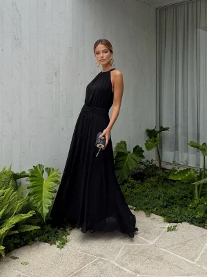 VESTIDO CHIFFON C/ DET PREGUINHAS