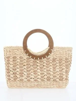 BOLSA VERÃO DE PALHA NATURAL TRANÇADA COM ALÇA DE MADEIRA FIXA